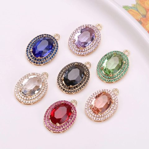 Oval Artificial Crystal Pendant With Rhinestone Double Halo Gold Plated Copper Charm For DIY Jewelry Making Accessories