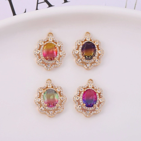 Colgante Ovalado de Cobre Bañado en Oro Vintage Cristal Degradado Copo de Nieve Zircón Encaje Charm Para DIY Joyería Mujer