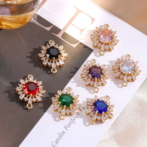 Colgante de Girasol de Cristal Artificial Chapado en Oro de Cobre DIY Joyería Forma de Copo de Nieve Conector de Doble Agujero
