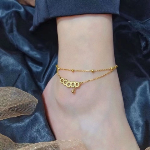Tobillera Pulsera de Doble Capa de Acero de Titanio Vintage con Moneda China para Mujer Oro Buena Suerte Joyería de Moda