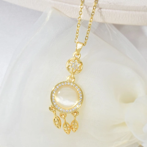 Titanium Steel Dreamcatcher Necklace For Women Gold Plated White Cat's Eye Stone Zirconia Inlaid Leaf Tassel Pendant Jewelry