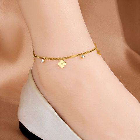 Luxus Titanstahl Vierblättriges Kleeblatt Strass Fußkettchen Für Damen Vergoldet Verstellbar Sommer Strand Fußschmuck