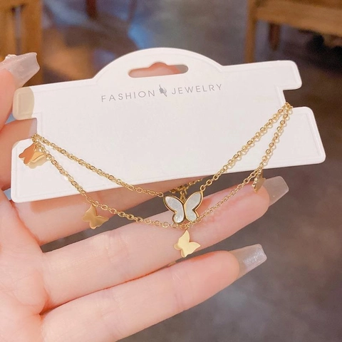 Double Layer Butterfly Anklet For Women 18K Gold Plated Stainless Steel Artificial Pearl Inlay Ankle Bracelet Fashion Jewelry