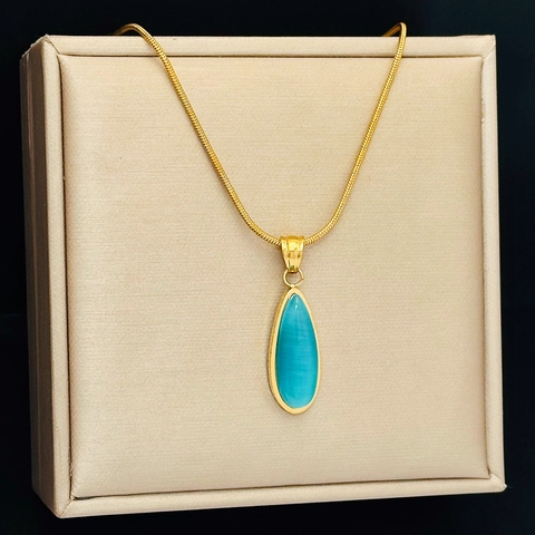 Elegante Collana a Catena a Serpente in Acciaio Inossidabile per Donna Con Ciondolo a Goccia in Pietra Occhio di Gatto Blu