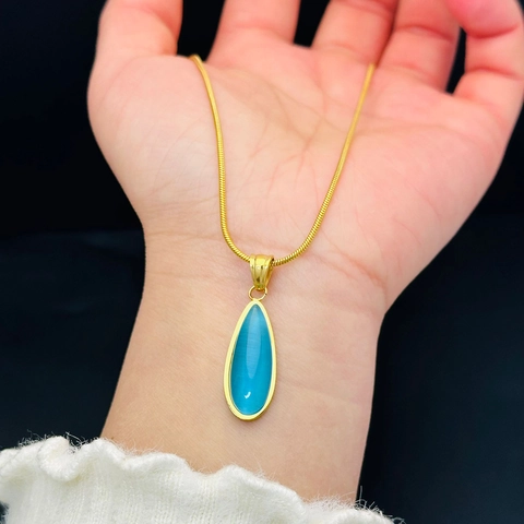 Elegante Collana a Catena a Serpente in Acciaio Inossidabile per Donna Con Ciondolo a Goccia in Pietra Occhio di Gatto Blu