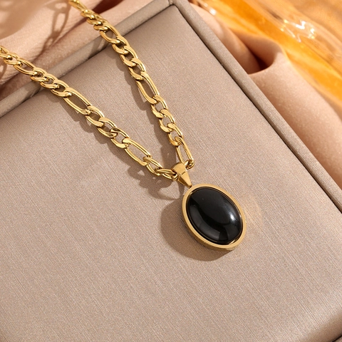 Collier en Acier Inoxydable Zirconium Noir Ovale Vintage Plaqué Or Chaîne Figaro Choker Collier pour Femme Bijoux de Mode