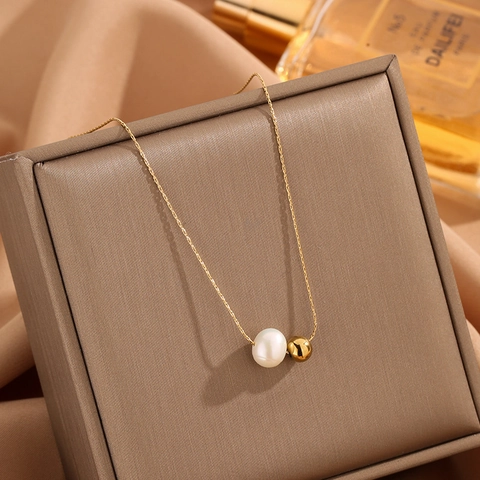 Stainless Steel Artificial Pearl Pendant Necklace Geometric Round Metal Bead Chain For Women Fashion Jewelry Accessory