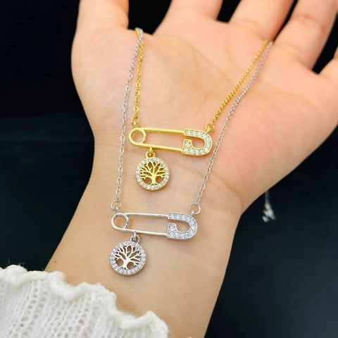 Collana Con Ciondolo Albero Della Vita Acciaio Inossidabile Strass Spilla Da Balia Catena Clavicola Gioielli Per Donna