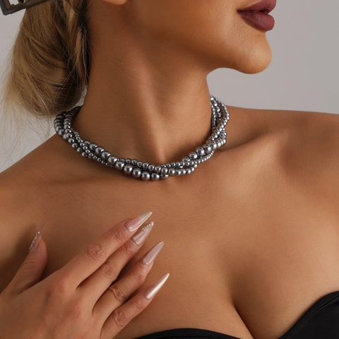 Πολυεπίπεδο Κολιέ Choker με Τεχνητά Μαργαριτάρια για Γυναίκες Τριπλή Σειρά Γκρι Λευκή Χάντρα Κούμπωμα Κράματος Ρετρό Μόδα Κοσμήματα