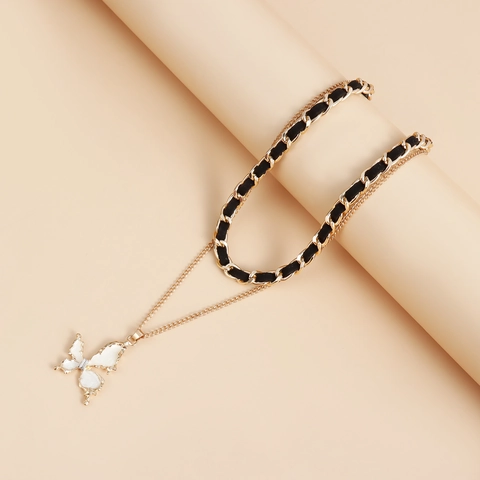 Dubbellaagse Legering Choker Halsketting Voor Dames Goud Zwart Gevlochten Ketting Vlinder Zeester Kruis Hanger Sieraden