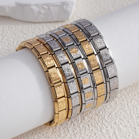 Italiaanse Charm Armband Roestvrij Staal Modulaire Schakelarmband Goud Zilver Tweekleurige Madeliefje Bloemen Relief Elastische Armband Voor Vrouwen Mannen Sieraden Cadeau