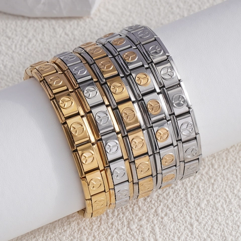 Bracciale Charm Italiano in Acciaio Inossidabile Simbolo Pace Maglie Modulari Estensibile Oro Argento Bicolore Gioielli Minimalisti Donna