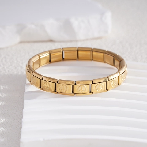 Bracciale Charm Italiano in Acciaio Inossidabile Simbolo Pace Maglie Modulari Estensibile Oro Argento Bicolore Gioielli Minimalisti Donna