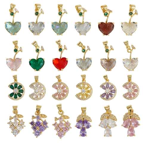 Colgante de Cobre Chapado en Oro Con Zirconia Cúbica Forma de Corazón Cereza Flor Solo Colgante Sin Cadena Joyería Mujer