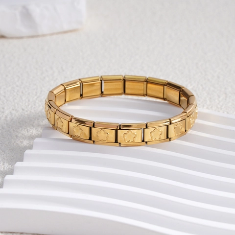 Bracelet à Maillons Modulaires Italien en Acier Inoxydable Fleur DIY Bracelet Élastique pour Femme Bijoux Or Argent