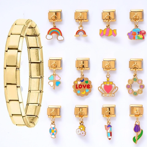 Gold Plated Stainless Steel Italian Charm Link Pendant Enamel Candy Flower Heart Rainbow DIY Modular Bracelet Accessory