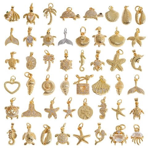 Copper Ocean Series Pendant Charms DIY Necklace Earring Making Findings Rhinestone Artificial Pearl Marine Jewelry Accessories