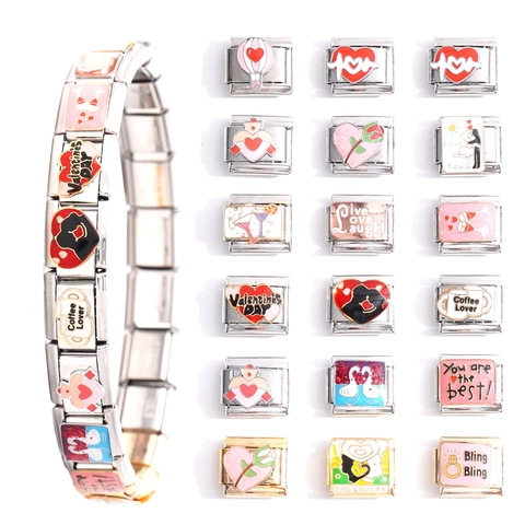 Edelstahl Italienischer Charm-Link Für DIY Modulares Armband Emaille Herz Blumen Buchstaben Schmuckzubehör Für Damen Herren