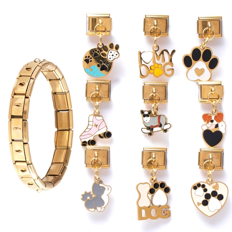 Stainless Steel Italian Charm Link For DIY Bracelet Enamel Pet Dog Paw Heart Roller Skate Personalized Jewelry Accessory