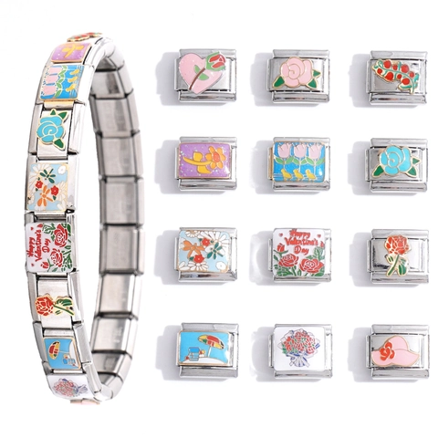 Charm Modulare Italiano in Acciaio Inossidabile Smaltato Fiore Cuore Accessori per Gioielli Fai da Te Bracciale Donna