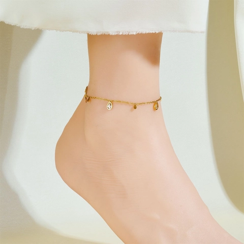 Minimalist Titanium Steel Teardrop Geometric Pendant Anklet Gold Color Rhinestone Charm Fine Chain Jewelry For Women Gift
