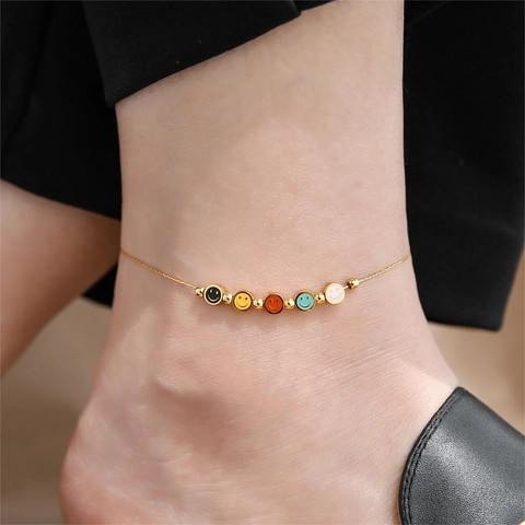 Bunte Smiley Gesicht Titan Stahl Halskette Armband Fußkettchen Schmuck Vergoldet Für Frauen Mädchen Boho Trendig