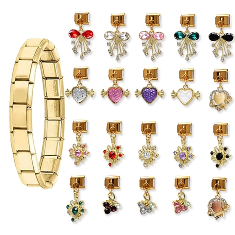 Stainless Steel Italian Charm Link For DIY Bracelet Jewelry Gold Plated Rhinestone Heart Bowknot Flower Pendant For Women
