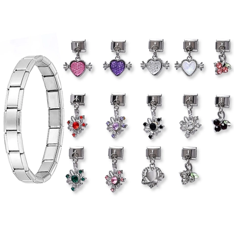 Squisito Ciondolo in Lega Con Strass Italian Charm Link per Donna Bracciale Modulare DIY Ciondolo Fiore Cuore Gioiello di Moda Componente