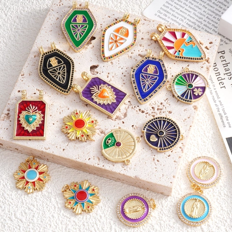 Vintage Copper Enamel Pendants Hamsa Hand Sacred Heart Evil Eye Sun Flower Rhinestone Charms For DIY Jewelry Making