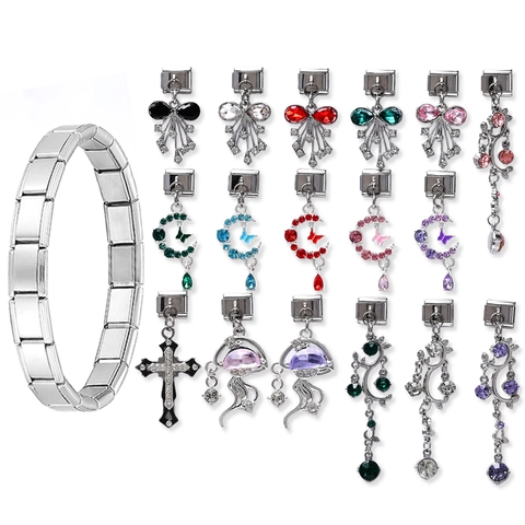 Italienischer Charme Armband Link Edelstahl Legierung Strass Schleife Mond Schmetterling Qualle Kreuz Anhänger DIY Schmuck