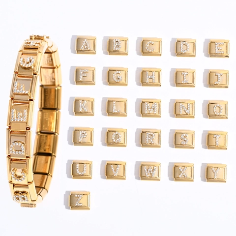 Vergoldete Edelstahl Italienische Charms Modulare Glieder Strass Alphabet Buchstaben DIY Armband Für Schmuckherstellung