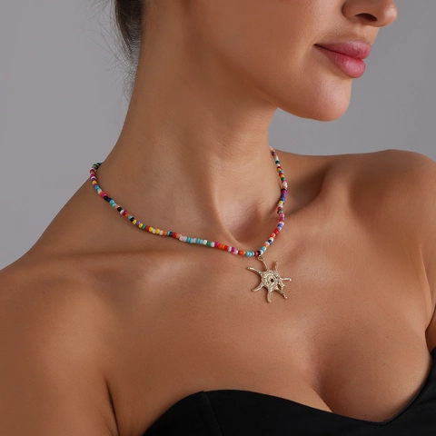 Collier Pendentif en Perles de Rocaille Colorées Bohème pour Femmes Plage Été Étoile de Mer Coquillage Or Alliage Strass