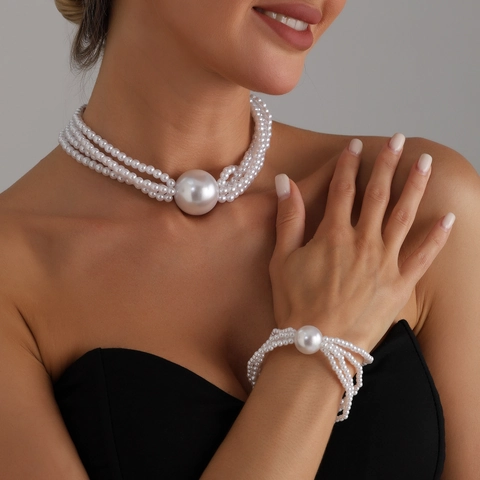 Exaggerated Multilayer Artificial Pearl Choker Necklace For Women Elegant Statement Alloy Bead Neck Jewelry Fashion Accessories