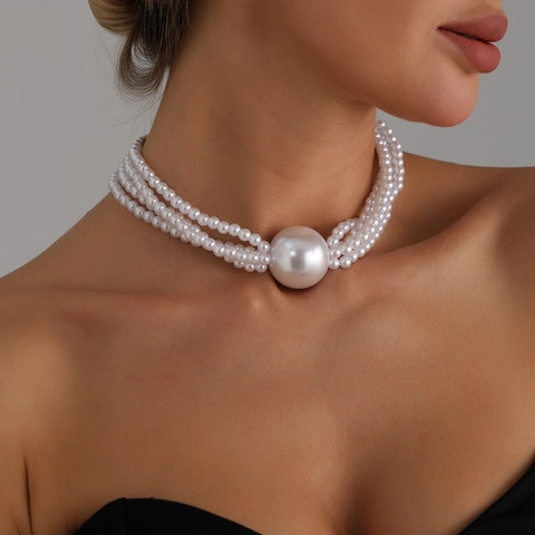 Exaggerated Multilayer Artificial Pearl Choker Necklace For Women Elegant Statement Alloy Bead Neck Jewelry Fashion Accessories