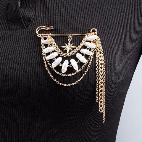 Broche Vintage Dorado de Varias Capas Con Perla Artificial Estrella Octogonal Diamante de Imitación Borla Pin Para Mujer