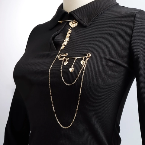 Vintage Legierung Gold Herzanhänger Brosche Mit Mehrlagigen Ketten Für Damen Mode Pendeln Anti-Exposition Nadel Schmuck