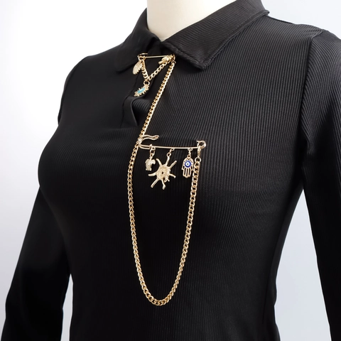 Böhmische Gold Legierung Doppel Pin Kette Brosche Für Damen Vintage Meeresschildkröte Muschel Böser Blick Palme Kleidung Schmuck