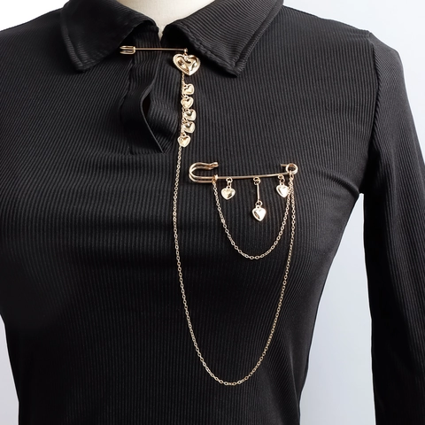 Vintage Legierung Gold Herzanhänger Brosche Mit Mehrlagigen Ketten Für Damen Mode Pendeln Anti-Exposition Nadel Schmuck