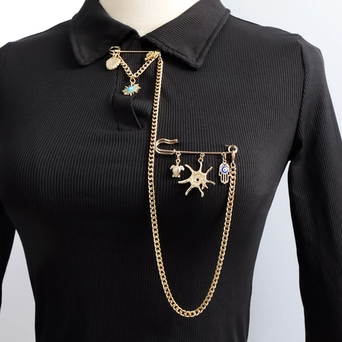 Böhmische Gold Legierung Doppel Pin Kette Brosche Für Damen Vintage Meeresschildkröte Muschel Böser Blick Palme Kleidung Schmuck