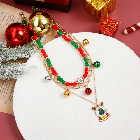 Collar de Capas de Navidad para Mujer Aleación Cuentas Rojas Verdes Campanas Colgante Reno Globo de Nieve Joyería de Fiesta Regalo
