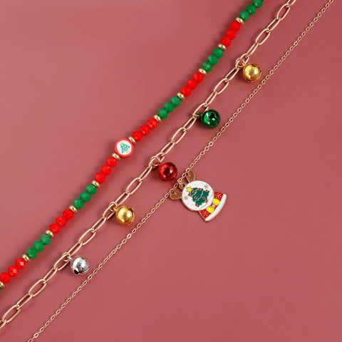 Collar de Capas de Navidad para Mujer Aleación Cuentas Rojas Verdes Campanas Colgante Reno Globo de Nieve Joyería de Fiesta Regalo