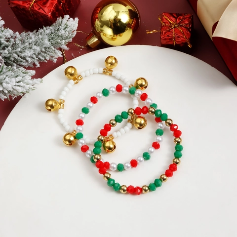 Set di 3 Braccialetti di Perline di Natale per Donna Perline di Acrilico Colorate Campane di Metallo Oro Gioielli Festivi