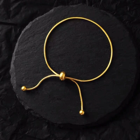 18K Vergoldetes Edelstahl Schlangenkette Armband Verstellbarer Schiebeverschluss Rundperlen Retro Minimalistisch Für Damen