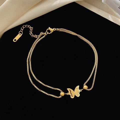 Tobillera de Mariposa de Acero Inoxidable Chapado en Oro para Mujer Cadena de Doble Capa Colgante Joyería de Pie Ajustable Sexy