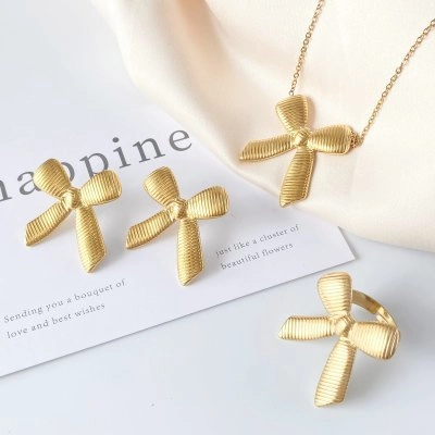 Gold Tone Bowknot Pendant Necklace And Stud Earrings Set Women Stainless Steel Textured Ribbon Jewelry Fashion Accessories
