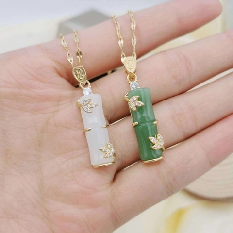 Titanium Steel Bamboo Joint Pendant Necklace Gold Plated Oriental Style Green White Ceramic-look PVC Rhinestone Jewelry