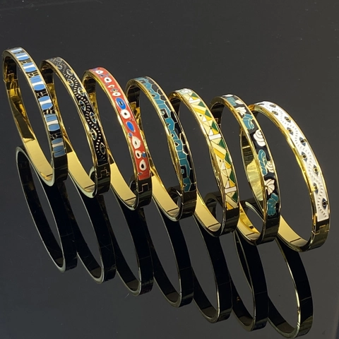Bracciale Rigido Vintage in Acciaio al Titanio Smaltato con Motivo Geometrico Astratto Colorato e Malocchio per Donna