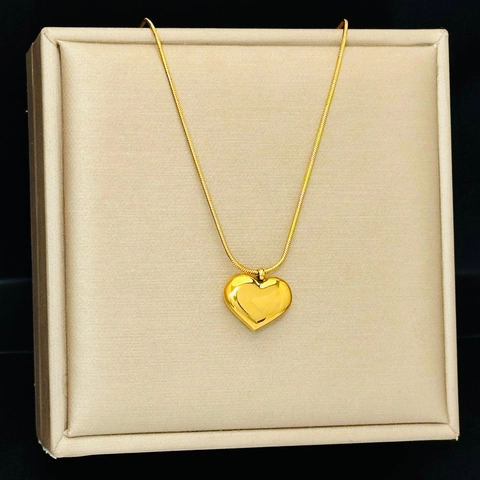 18K Gold Plated Stainless Steel 3D Heart Pendant Necklace For Women Elegant Snake Chain Choker Daily Wear Fashion Jewelry Gift