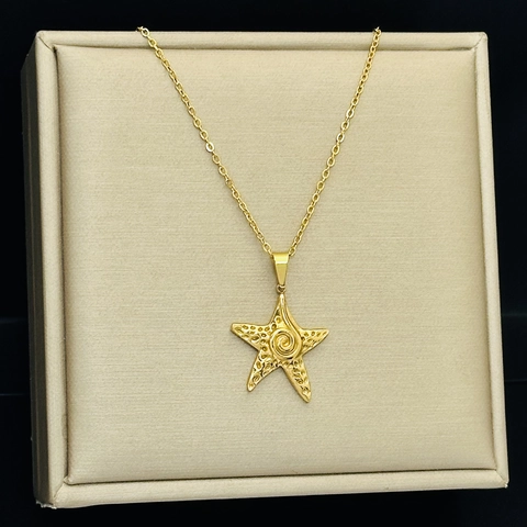 Luxury Gold Plated Stainless Steel Starfish Jewelry Set Textured Sea Star Pendant Necklace Stud Earrings For Women Ocean Style Accessory