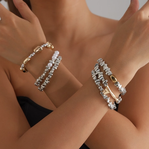 Ensemble de Bracelets en Perles Artificielles en Alliage pour Femmes Bracelet en Métal avec Pendentif Cœur Bijoux
